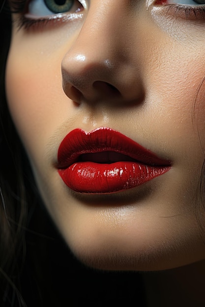 Stockfoto close-up macro van een vrouw die rode lippenstift draagt met haar lippenstift