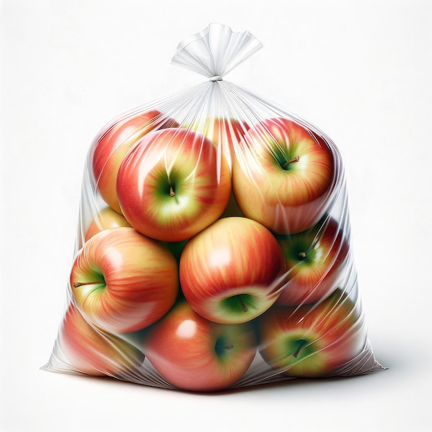 Stockfoto Hyperrealistisch Verse appels in een doorzichtige zak geïsoleerd op een witte achtergrond