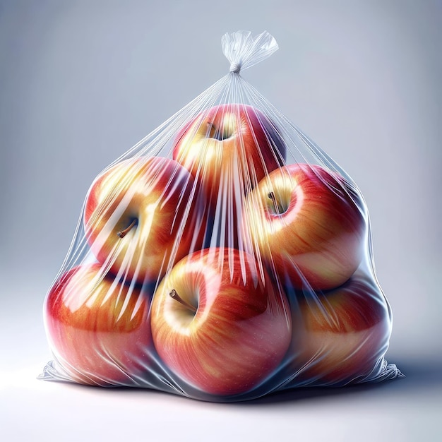 Stockfoto Hyperrealistisch Verse appels in een doorzichtige zak geïsoleerd op een witte achtergrond