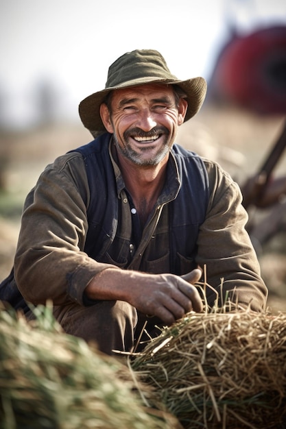 Stockfoto van een glimlachende boer die aan zijn boerderij werkt, gemaakt met generatieve AI