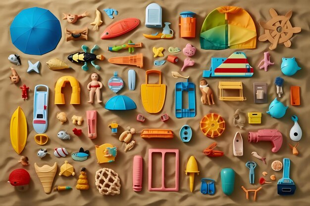 stockfoto van strandspeelgoedgereedschap strandzicht plat lag Generatieve AI