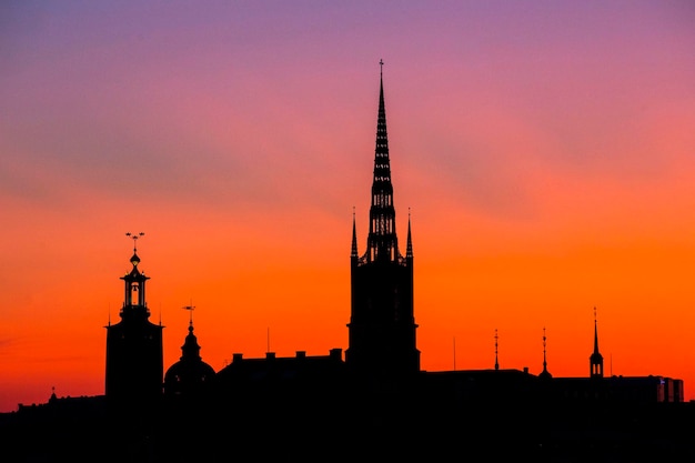 Stockholm skyline at sunset, beautiful sunset over Stockholm Old town (Gamla  Stan)