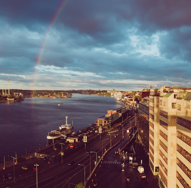 Stockholm sunset with rainbow