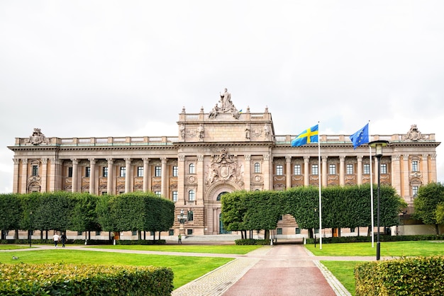 Stockholm Sweden August 09 2019 Exterial view of Riksdagshuset in Stockholm headquarters of swedish parliament