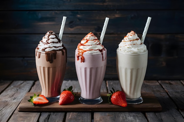 Foto stockimage een indulgente tentoonstelling van drie milkshakes met chocolade en aardbeien