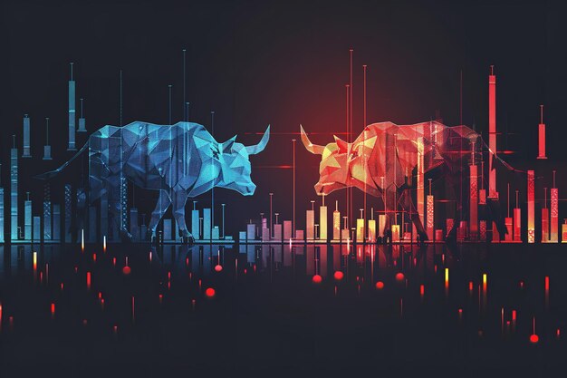 Photo stockmarket exchange with bull in a dark backdrop and market candles with space for text or advertisement backdrop generative ai