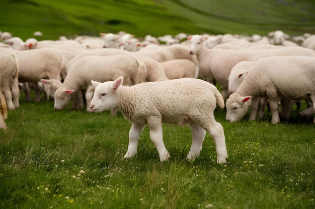 StockPhoto Een schattig lam graast tussen de kudde in een schilderachtige groene weide