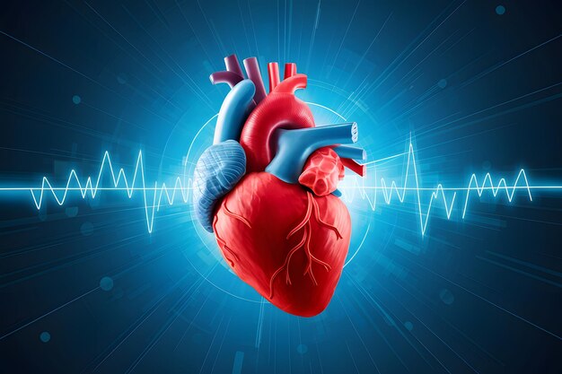 写真 ストックフォト 人間の心臓 抽象的な青い背景で 心血管の健康と医学を強調しています
