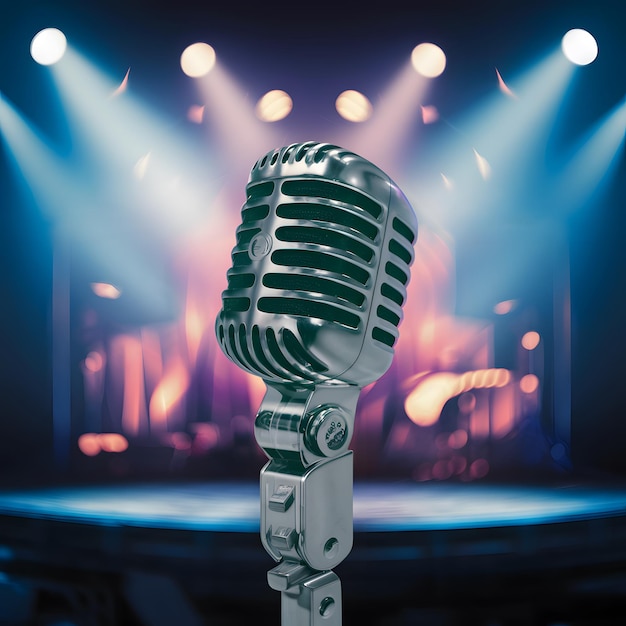 StockPhoto Vintage microphone on stage with blurred concert lights background For Social Media Post