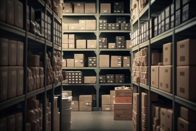 Stockroom with rows of products and boxes on shelves created with generative ai