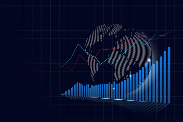 写真 株式と成長、金融フローと経済価値の変動を示す統計チャート、金融システムの平均年間画像。地球上の惑星の背景