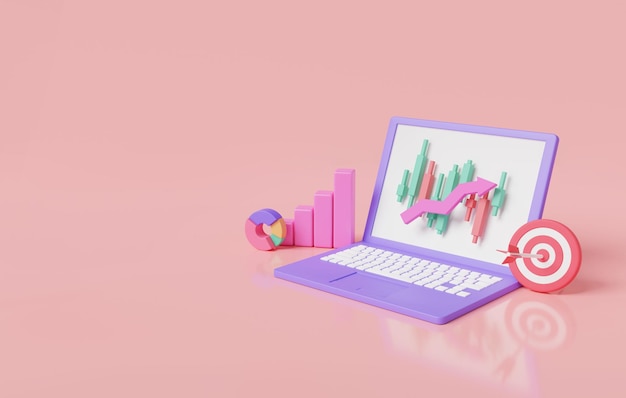 Grafico del mercato azionario sullo schermo del laptop con target del grafico a barre e diagramma circolare trading di criptovaluta online indice finanziario crescente concetto di trading forex 3d icon render illustration