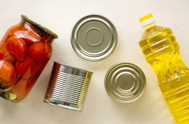 Stocks of non-perishable products on a light background