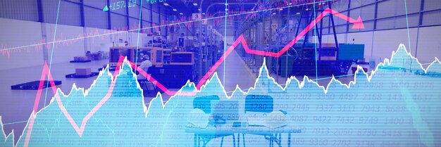 Stocks and shares against factory worker in a large factory\
warehouse