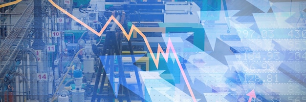 Stocks and shares against male factory workers in a factory
warehouse building