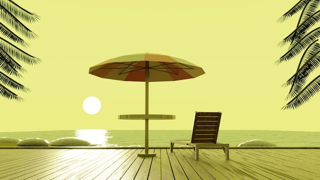 Stoel en paraplu genieten van de oceaan zonsondergang op het strand houten sokkel 3d render