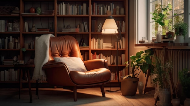 Stoel en tafel in de kamer met boekenplanken Wereldboekendag