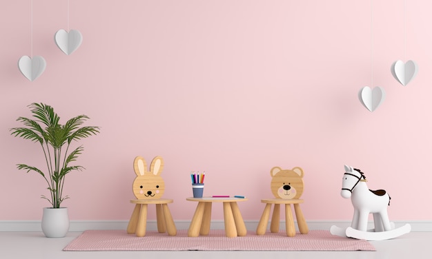 Stoel en tafel in roze kinderkamer interieur