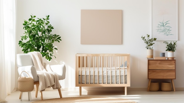 Stoelen aan tafel aan de muur geplaatst met leeg decoratief frame en babybedje in lichte ruime kamer