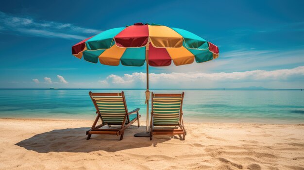 Stoelen en een paraplu op het strand in de zomer