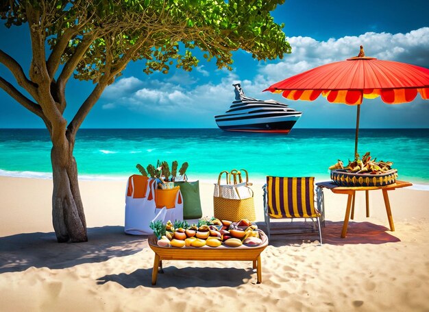 Foto stoelen en paraplu in palm beach tropische vakantie banner