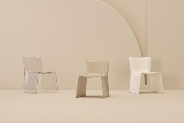 Stoelen in witte en transparante stoel op beige achtergrond Concept minimalism3d render