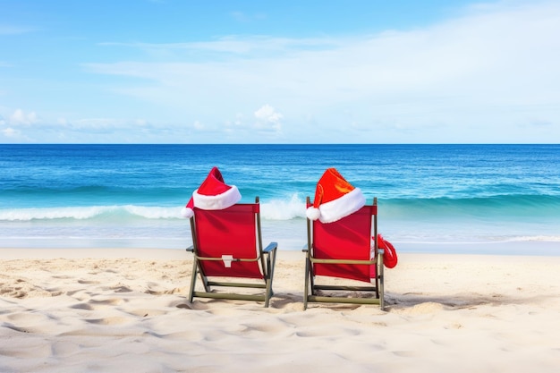 stoeltjes met kerstmanhoeden op het strand
