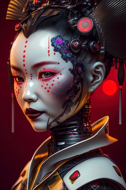 Stoere cyberpunk-geisha met opvallende rode accenten Generatieve AI