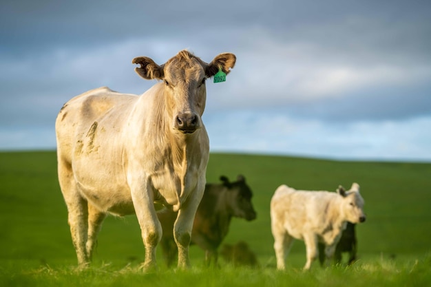 Stoeterij Beef stieren en koeien grazen op gras in een veld in Australië rassen omvatten spikkel park murray grijs angus brangus en wagyu