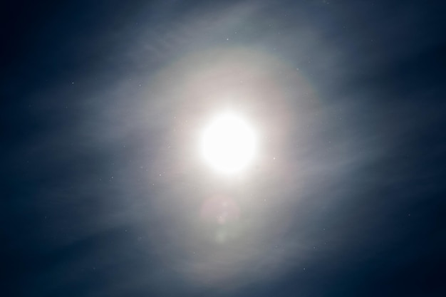 Stofdeeltjes die in de lucht vliegen op een blauwe hemelachtergrond met zon en verenwolk op lentedag