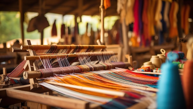 Stoffen van verschillende kleuren en patronen op weeftuigen in een werkplaats die wijzen op traditioneel ambacht en handwerk Het concept van creativiteit en hobby's