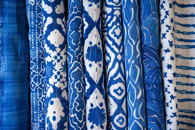 Stofpatroon achtergrond in blauwe kleuren Mix textiel stoffen Generatieve AI