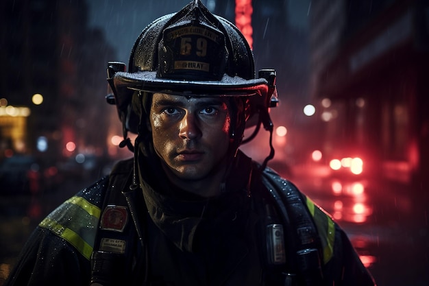 The stoic face of a firefighter amidst a city Generative ai