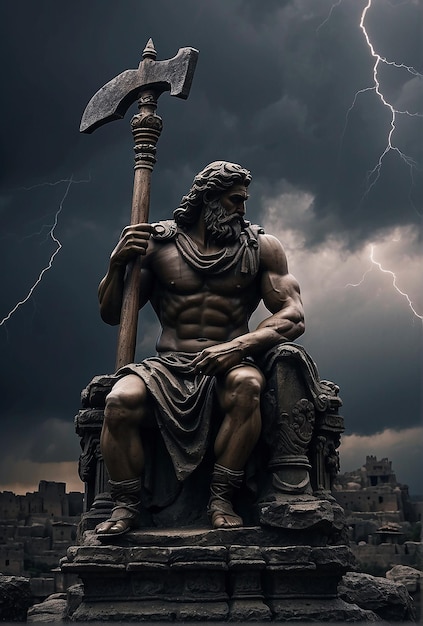 Photo stoicism motivation muscular stoic statues dark ancient city background chaos thunderstorm axe