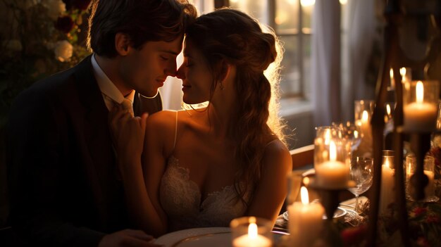 A stolen moment as the couple steals a kiss during their elegant candlelit reception