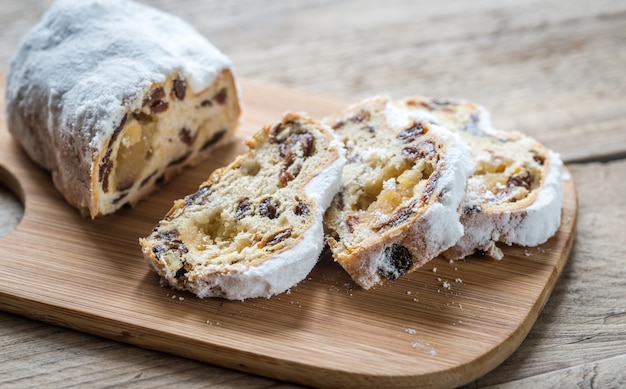 Stollen cake on wooden board