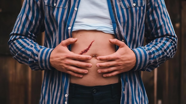 Stomach of young man with scar close up