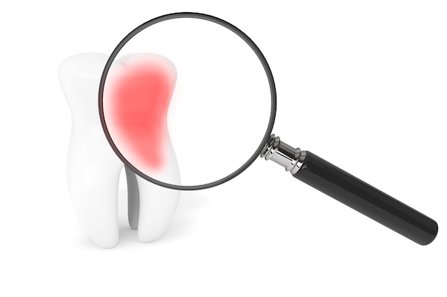 Stomatology concept. Tooth With Magnifying glass on a white background