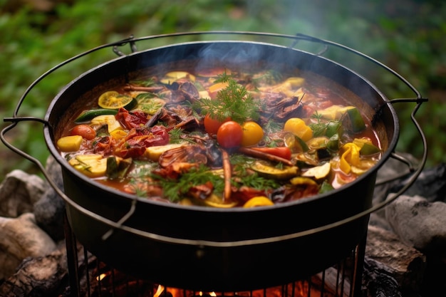 Stomende pot ratatouille op een kampvuurgrill gemaakt met generatieve ai