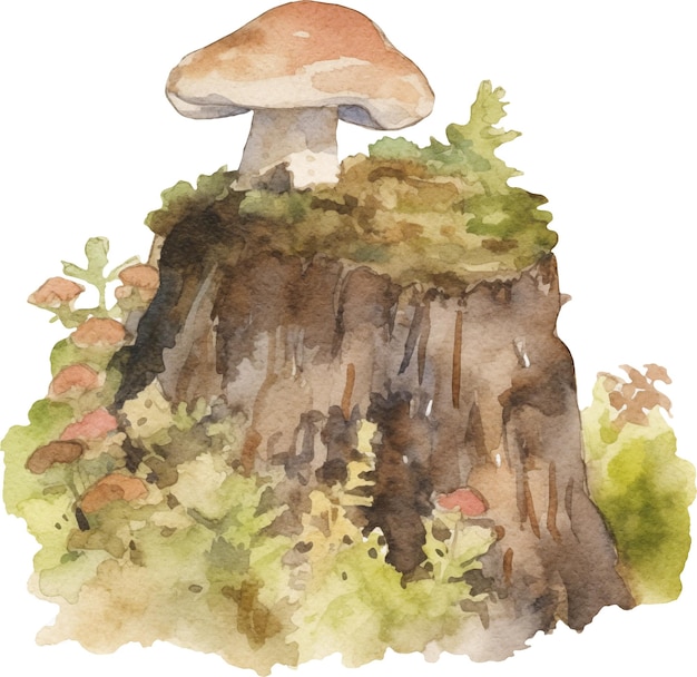 Foto stomp met paddenstoelen aquarel