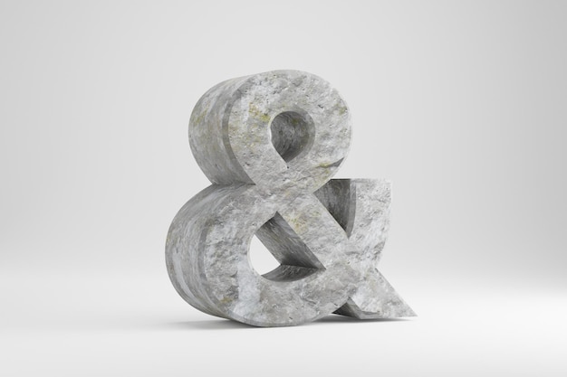 Stone 3d ampersand symbol. Rock textured sign isolated on white background. 3d rendered stone font character.