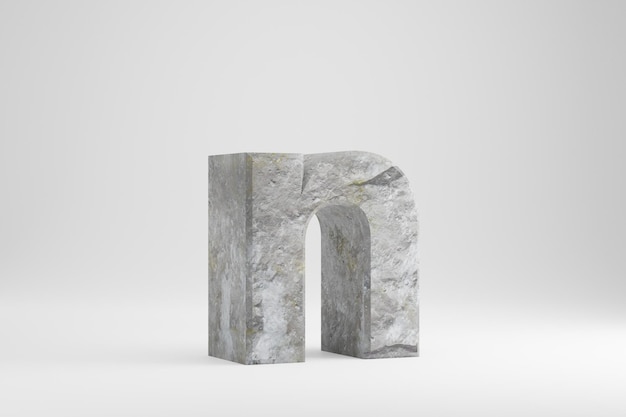 石の3D文字N小文字。白い背景で隔離のロックテクスチャ文字。 3Dレンダリングされた石のフォント文字。