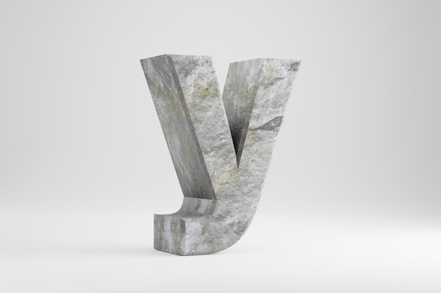 Stone 3d letter Y lowercase. Rock textured letter isolated on white background. 3d rendered stone font character.