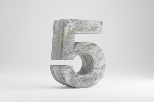 Stone 3d nummer 5. Rock getextureerde nummer geïsoleerd op een witte achtergrond. 3D-gerenderde steen lettertype karakter.