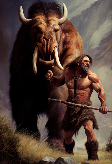 Stone age hunter hunting a wild beast