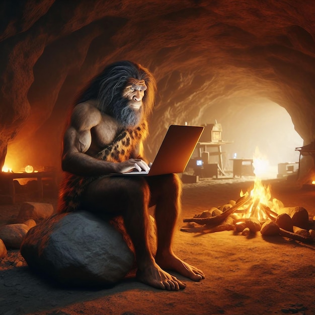 Stone age warrior working on his laptop in a cave 3d rendering
