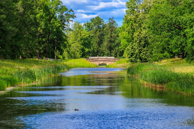 Stone arch bridge across a small river in Catherine park in Pushkin Tsarskoye Selo Russia