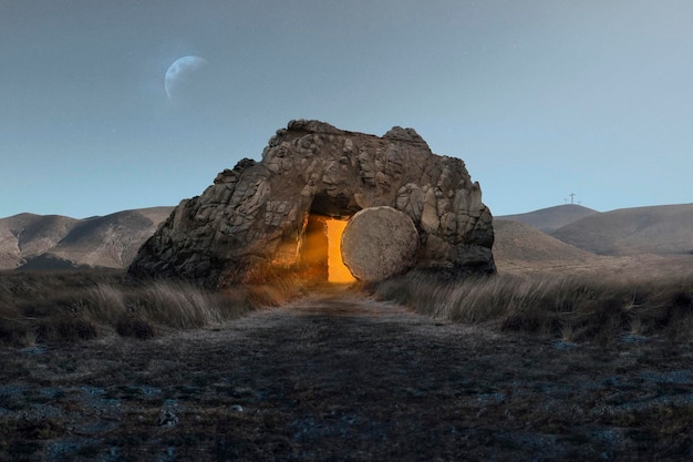 Foto un arco di pietra è illuminato dal sole che tramonta