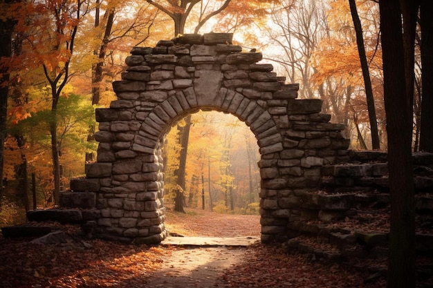 a stone arch leads to a forest path.