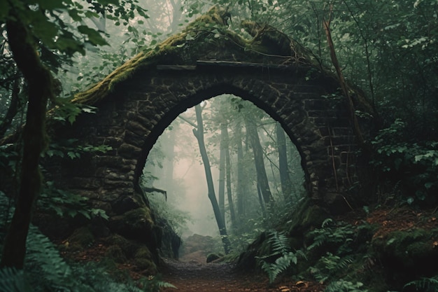 a stone arch in the middle of a forest